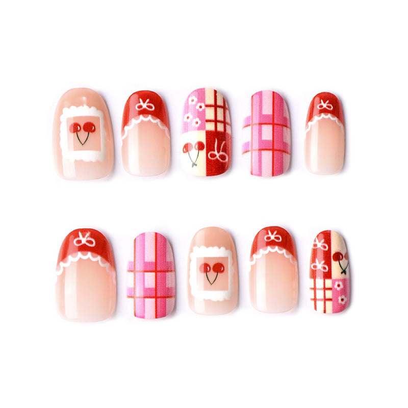 Cherry Blossom Delight Medium Round Red and Pink Press On Nail Set with Whimsical Patterns