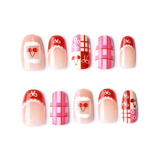 Cherry Blossom Delight Medium Round Red and Pink Press On Nail Set with Whimsical Patterns