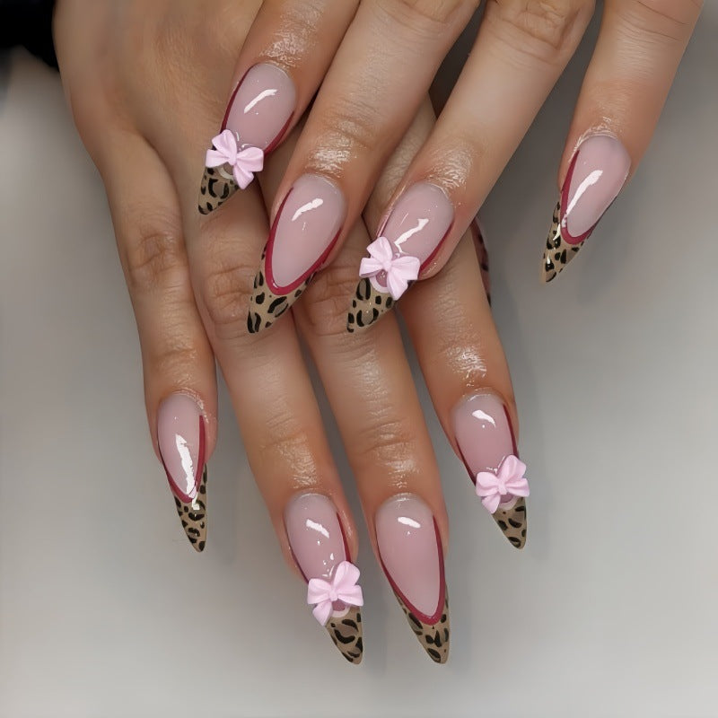 Chic Leopard Delight Long Almond Pink Press On Nail Set with Bow Accents