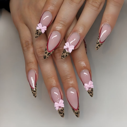 Chic Leopard Delight Long Almond Pink Press On Nail Set with Bow Accents