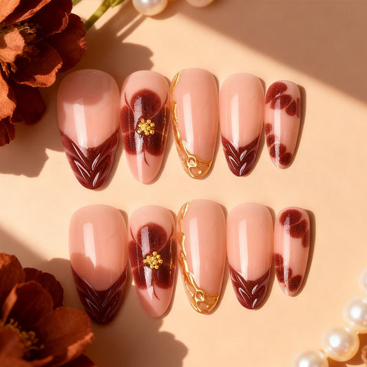 Elegant Floral Dream Long Almond Shaped Beige and Burgundy Press On Nail Set with Intricate Gold Accents