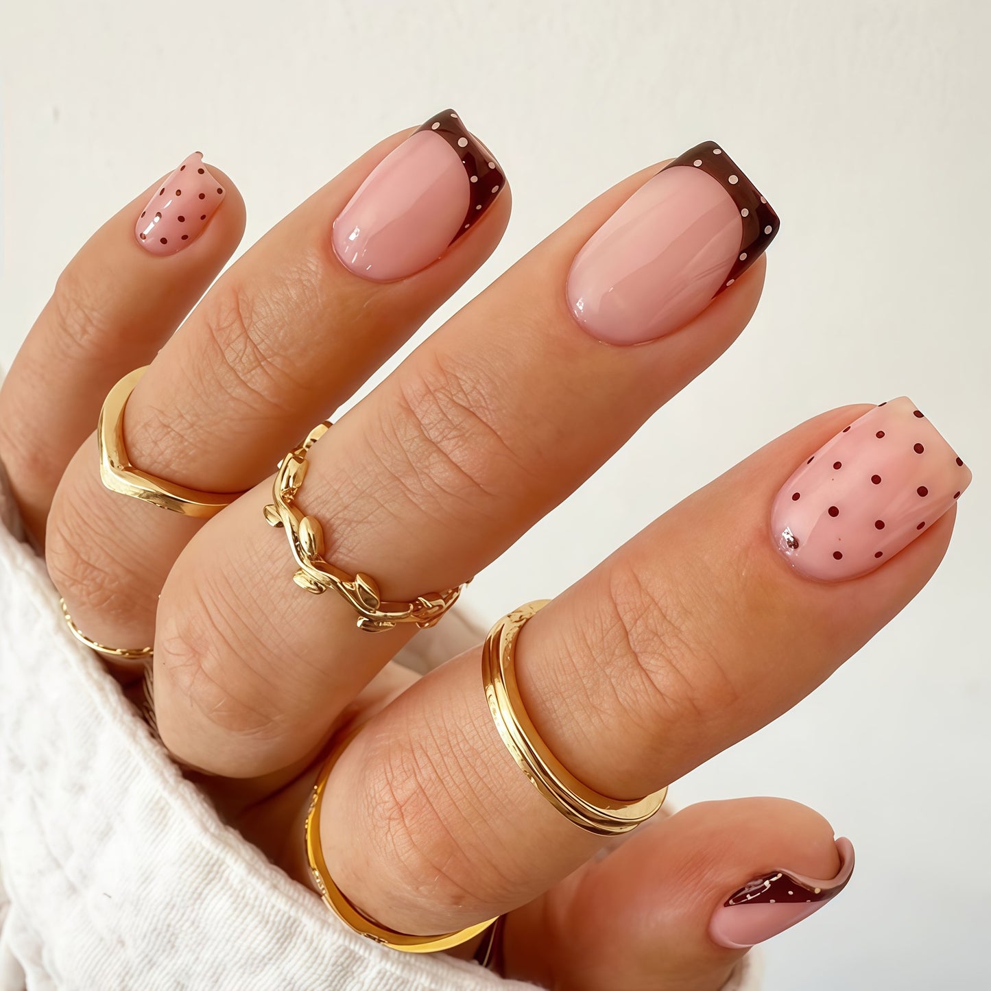Dainty Delightful Pink Short Square Press On Nail Set with Chocolate Tips and Playful Polka Dots