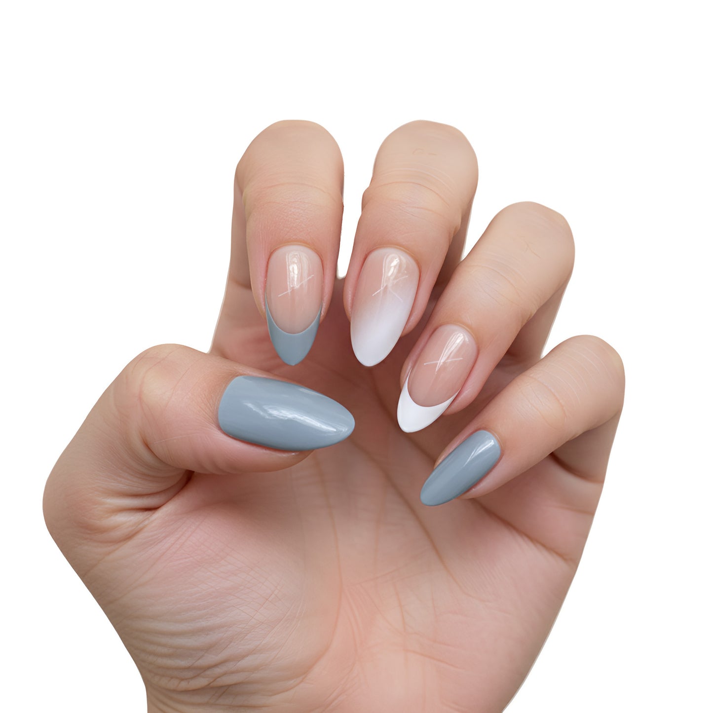 Chic Dreamscape Long Almond Gray and White Ombre Nail Set with Glossy Finish