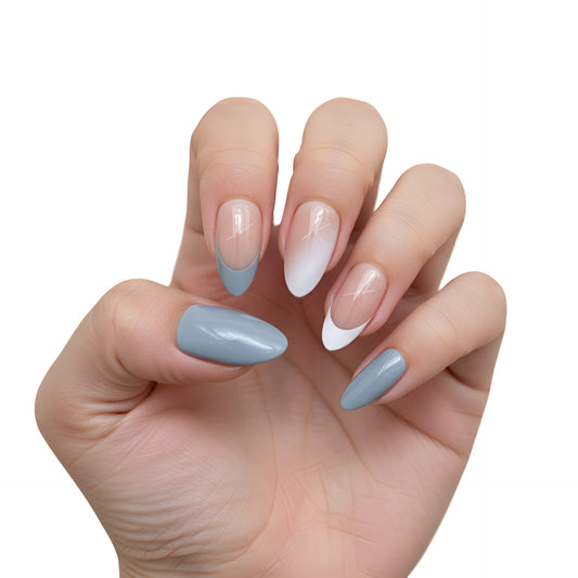 Chic Dreamscape Long Almond Gray and White Ombre Nail Set with Glossy Finish