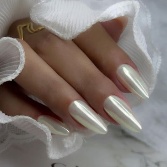 Enchanting Elegance Long Almond White Iridescent Press On Nail Set with Glossy Finish