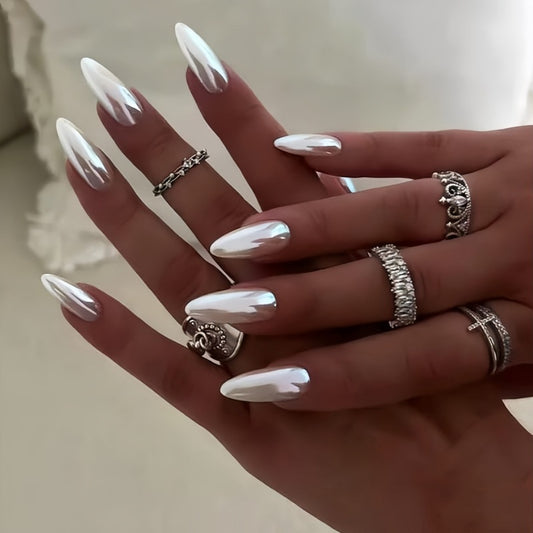 Glamorous Radiance Long Almond Shaped Glossy White Press On Nail Set with Iridescent Finish