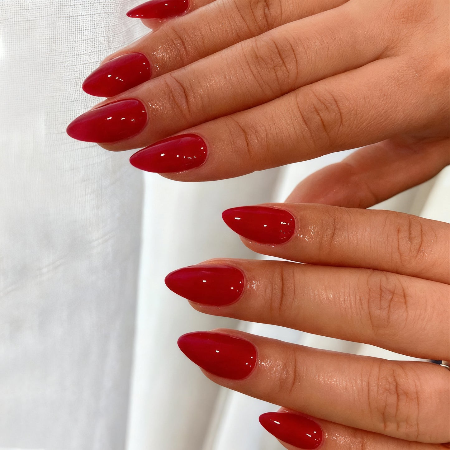 Glamorous Sassy Long Almond Shaped Glossy Red Press On Nail Set with Captivating Shine