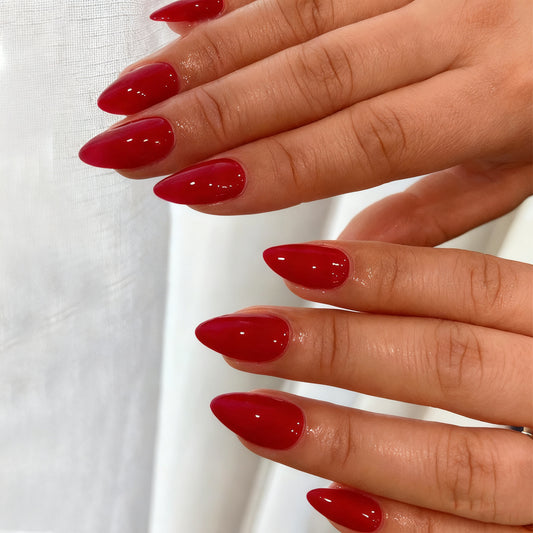 Glamorous Sassy Long Almond Shaped Glossy Red Press On Nail Set with Captivating Shine