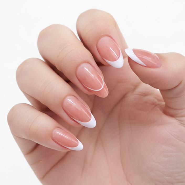 Chic Elegance Long Almond Shaped Natural Pink with White French Tip Press On Nail Set
