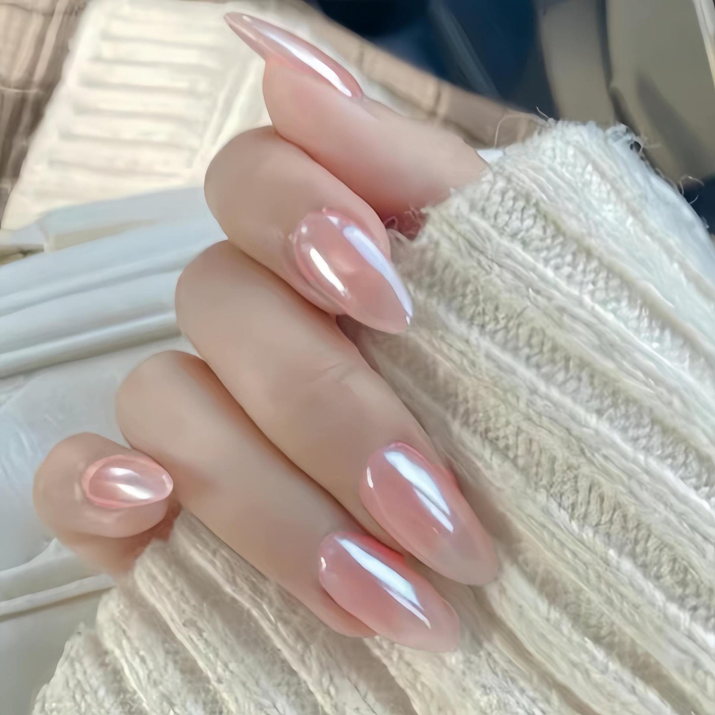 Glamorous Elegance Long Almond Shaped Glossy Pink Press On Nail Set with Iridescent Shine