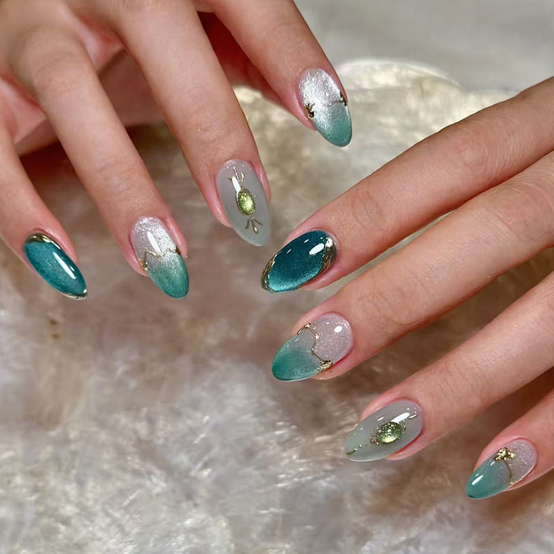 Ocean Breeze Long Almond Shaped Teal and Gray Press On Nail Set with Iridescent Gold Accents