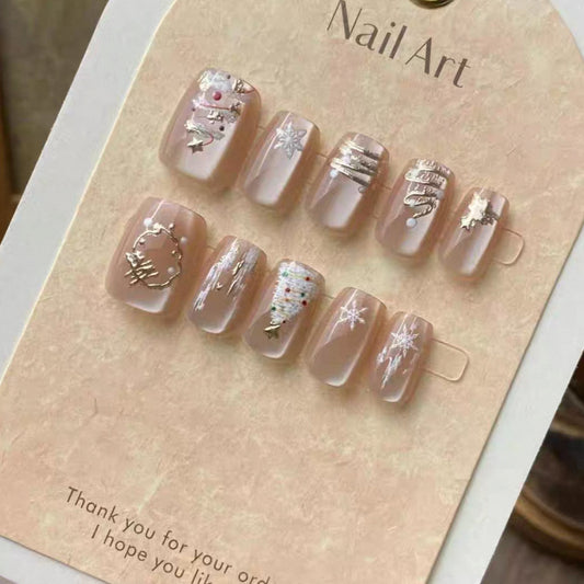 Festive Elegance Medium Square Beige Press-On Nail Set with Metallic Accents