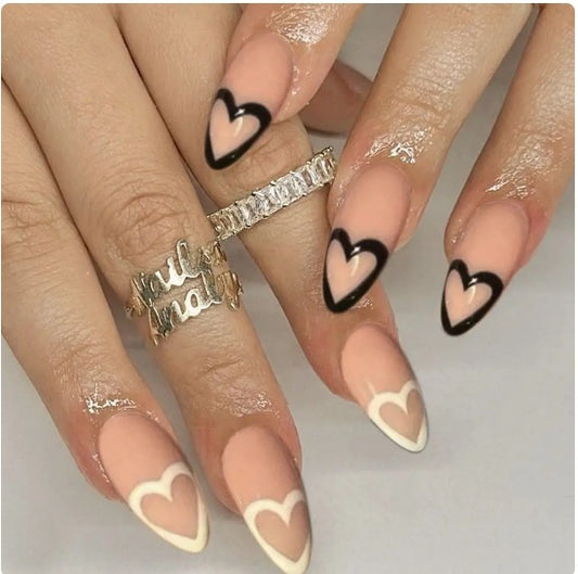 Charming Romance Long Almond Beige and Black Heart Design Press On Nail Set
