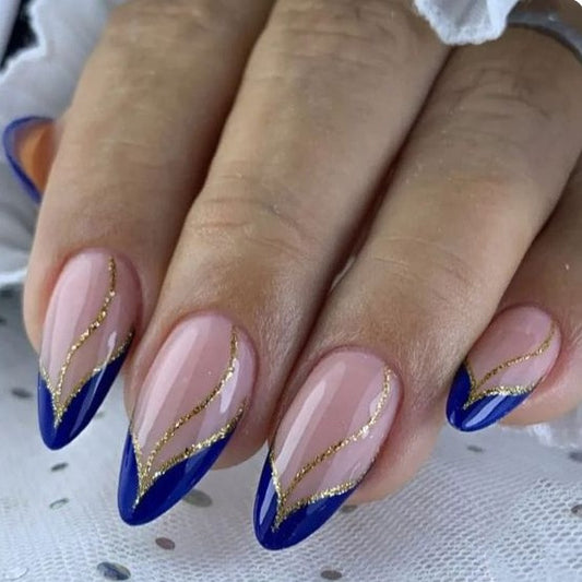 Elegant Ocean Waves Long Almond Shaped Blue and Beige Press On Nail Set with Gold Accent Design