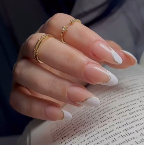 Elegant French Tip Design Long Almond Press On Nail Set in Glossy Clear and White with Dazzling Gold Glitter Accents