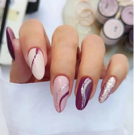 Glamorous Wave Length Almond Burgundy and Pink Press On Long Nail Set with Glitter Accent