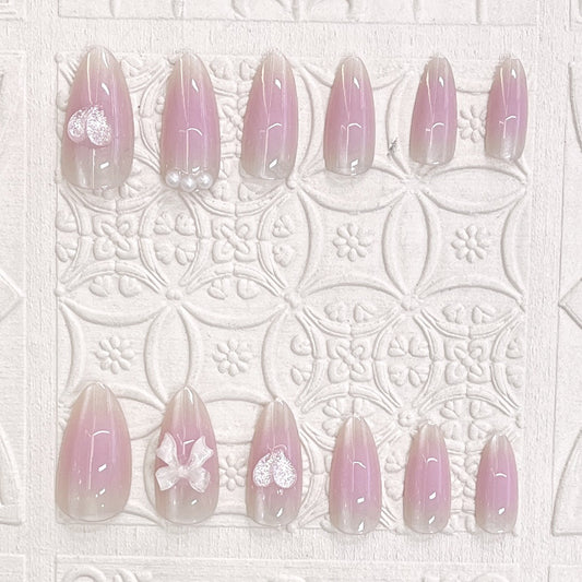 Whimsical Blossom Long Almond Blush Ombre with Glitter and Pearls Press-On Nail Set