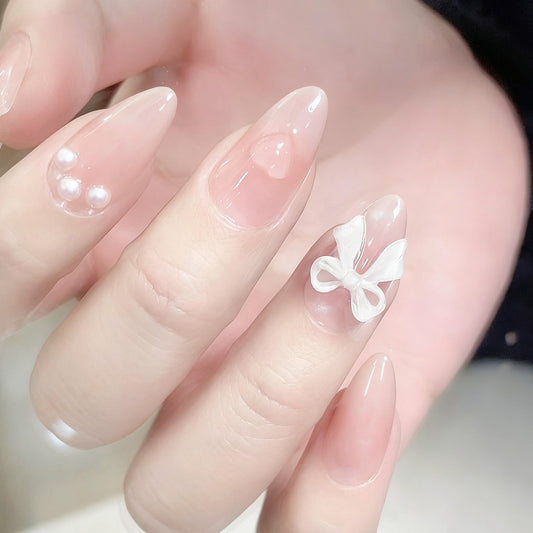 Charming Romance Long Almond Pink Transparent with Bow and Pearl Accents Press on Nail Set
