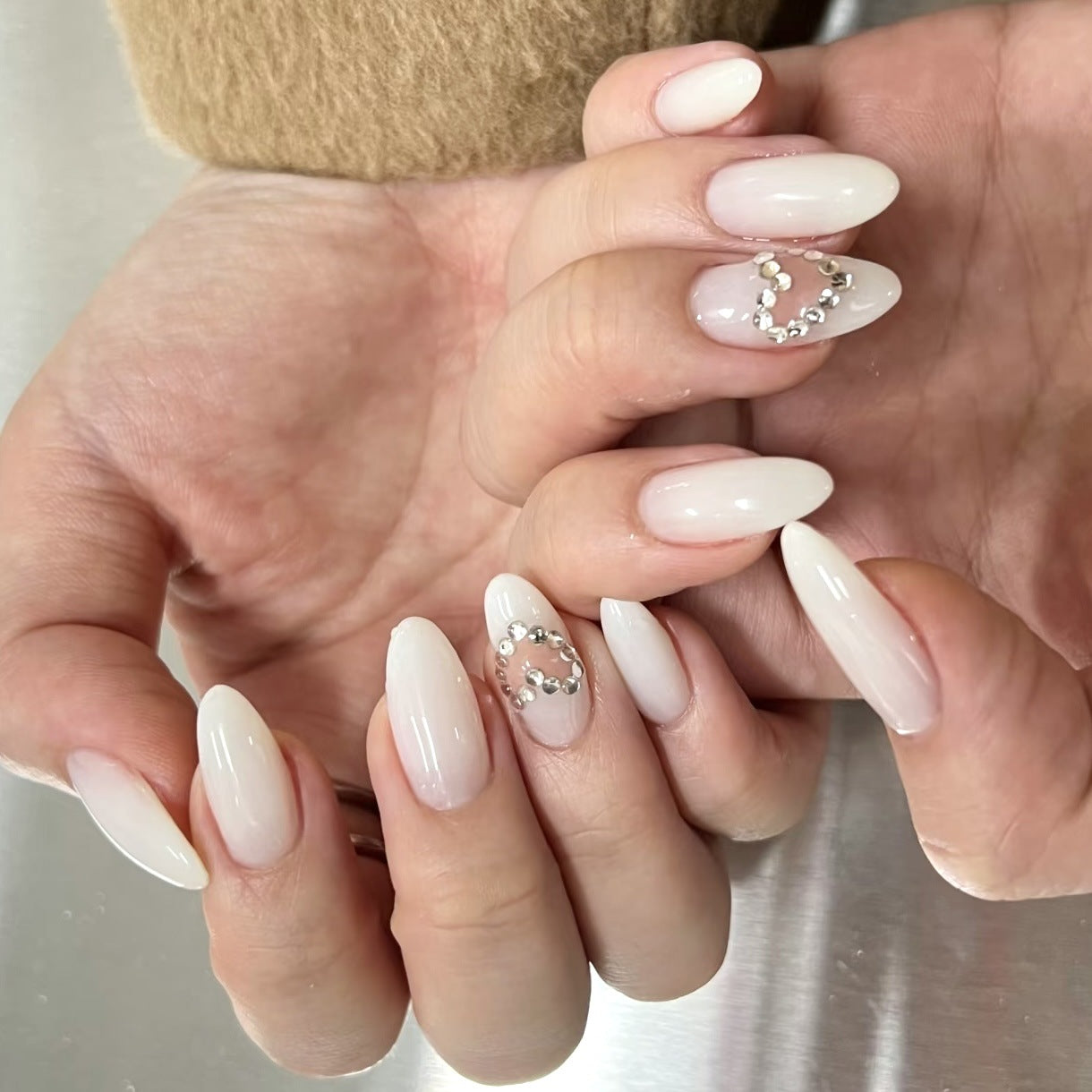 Elegant Whisper Long Almond Shaped Soft White Press On Nail Set with Dazzling Rhinestone Accents