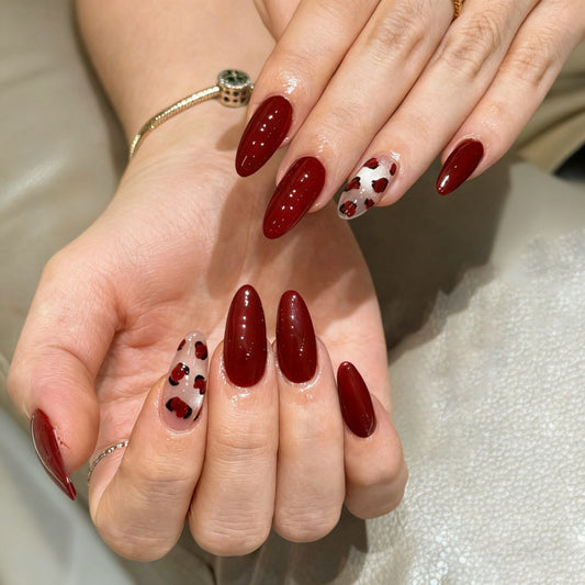 Charming Romance Long Almond Burgundy Press On Nail Set with Unique Heart Detail