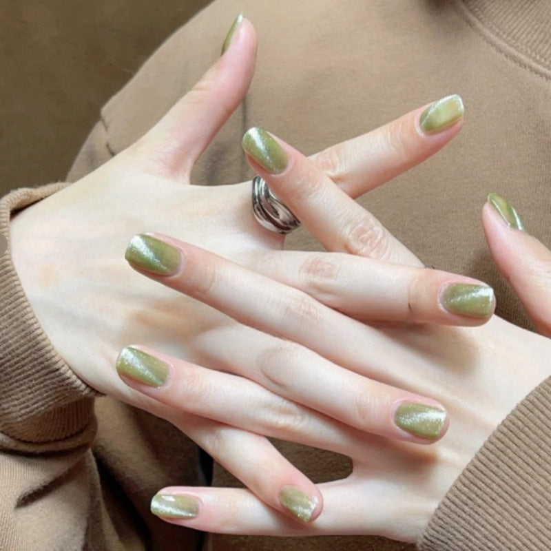 Nature's Elegance Medium Square Green Shimmer Press On Nail Set with Eco-Friendly Finish