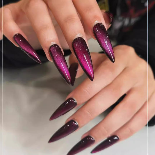 Glamorous Midnight Magic Long Stiletto Press On Nails in Deep Purple with Sparkling Ombre Effect