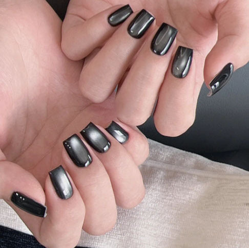 Mystical Midnight Black Long Square Press On Nail Set with Shimmering Finish