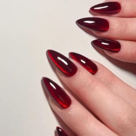 Gothic Romance Long Almond Shape Deep Red Press On Nails with High Gloss Finish