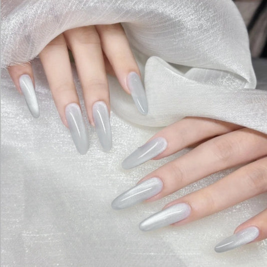 Glamorous Silver Elegance Long Almond Press On Nail Set with Shimmering Finish