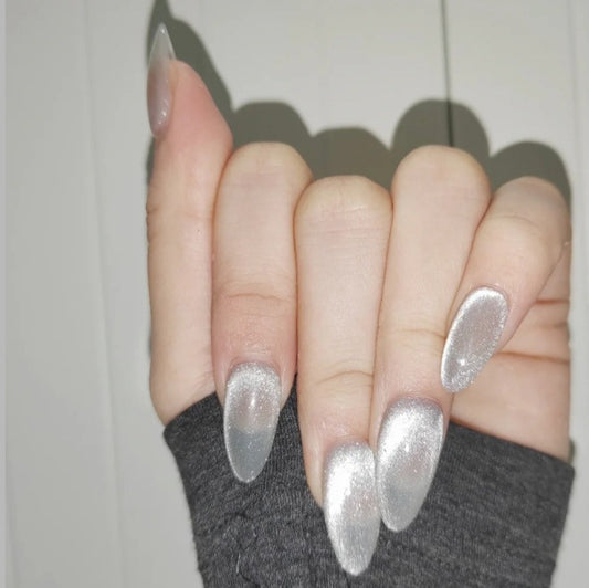 Glamorous Winter Wonderland Long Almond Silver Press On Nail Set with Iridescent Finish