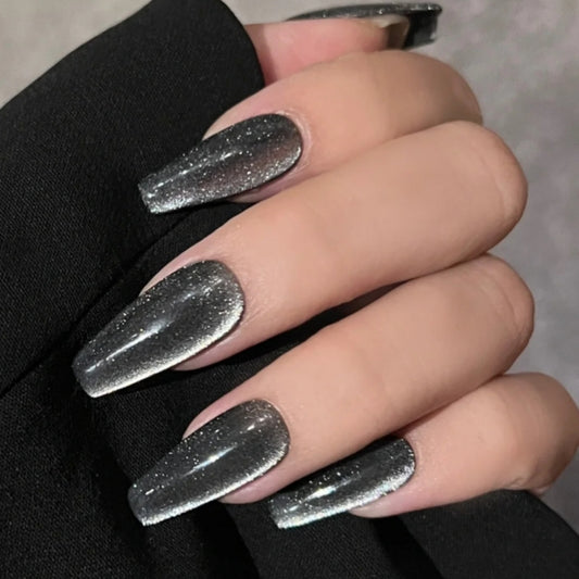 Glamorous Night Sky Long Coffin Shaped Black Gradation Glitter Press On Nail Set