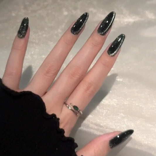 Gothic Glam Long Almond Black Glitter Press On Nail Set for Stunning Shine and Easy Application