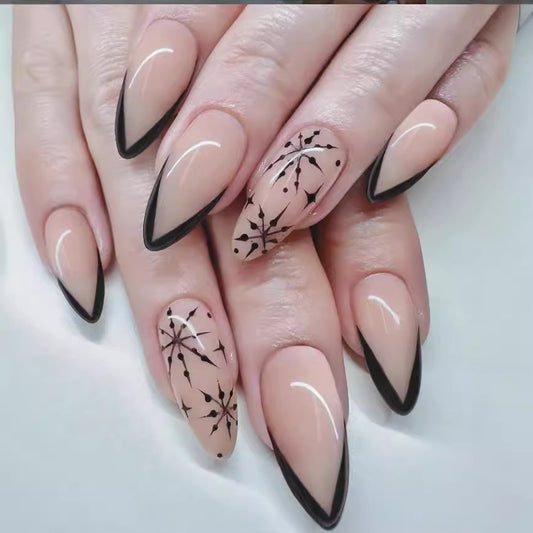 Gothic Elegance Long Almond Press On Nails Beige and Black With Intricate Starburst Design