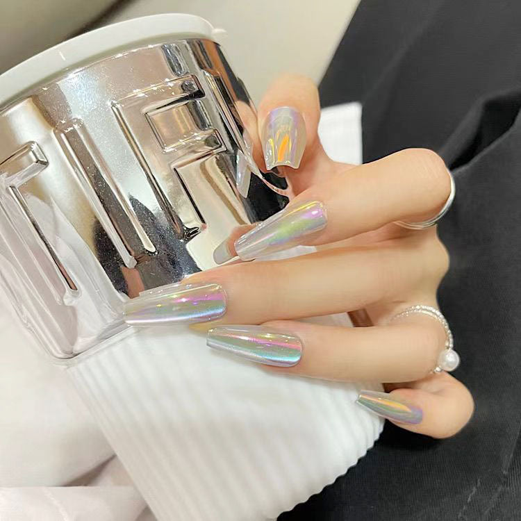 Holographic Dream Long Coffin Press On Nail Set in Iridescent Silver with Shimmering Color Shift for Glamorous Style