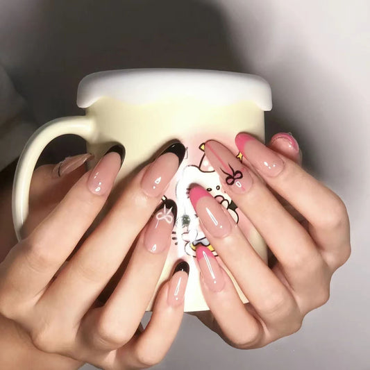 Cute Kitty Inspired Long Oval Shaped Pink and Black Press On Nail Set with Adorable Bow Accents