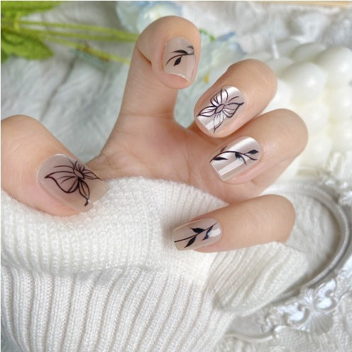 Floral Dream Press On Nail Set Medium Length Square Shape Beige Color Botanical Design with Elegant Flower Graphics