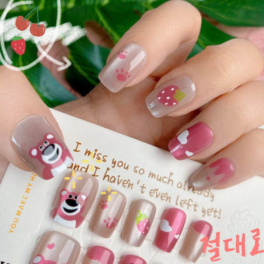 Sweetheart Candy Medium Square Pink And Brown Press On Nail Set With Cute Bear Accents
