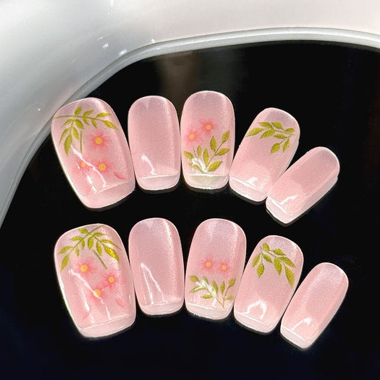 Floral Dream Short Square Pink Press On Nail Set with Stunning Flower and Leaf Design
