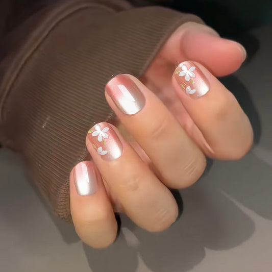 Whimsical Blossom Matte Square Press On Nail Set in Short Length Pink and Soft Shimmer with Floral Accents