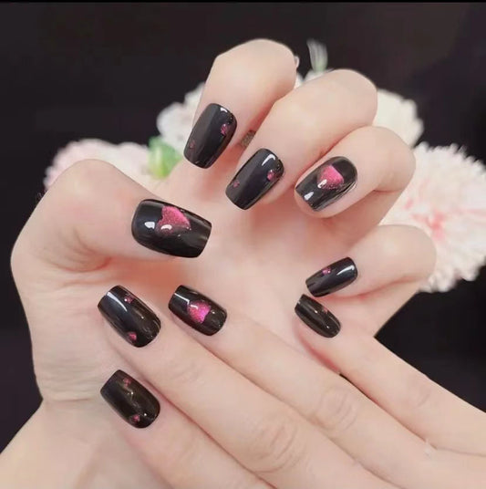 Romantic Night Press On Nail Set Medium Square Black with Heart Shimmer Details