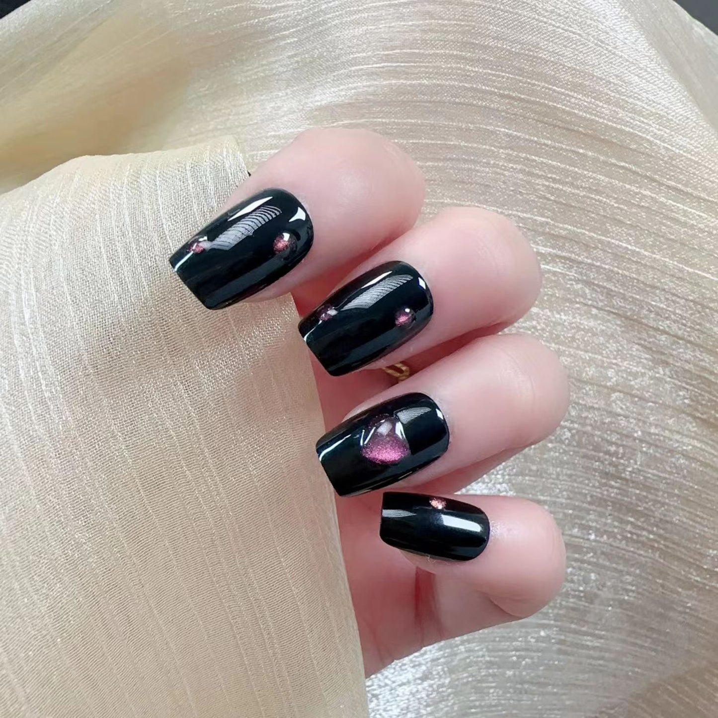 Gothic Elegance Medium Square Black Press On Nails with Unique Heart Accents