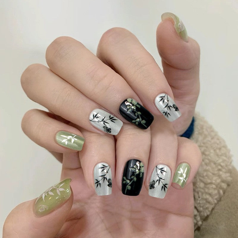 Enchanted Garden Medium Square Black White Green Press On Nail Set with Bamboo Design