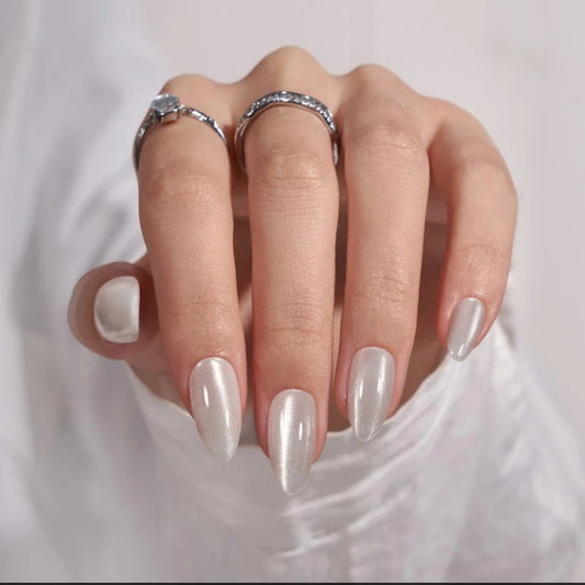 Glamorous Elegance Long Almond Shaped Shimmering Silver Press On Nail Set for Stunning Nail Art Transformation