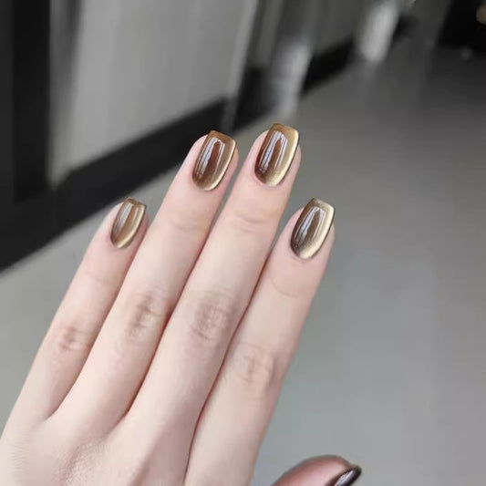 Autumn Elegance Medium Square Bronze Press On Nails with Glossy Metallic Finish