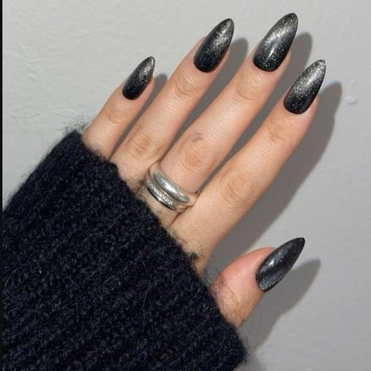 Gothic Glam Long Almond Black Nails with Sparkling Ombre Effect