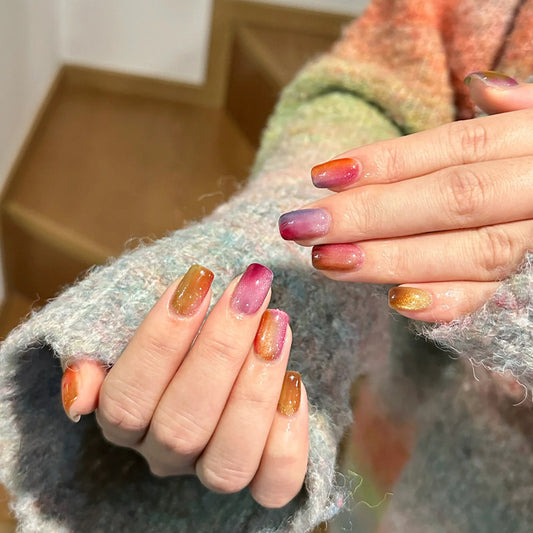 Enchanted Sunset Gradient Medium Square Press On Nail Set Multicolor Sparkle Finish