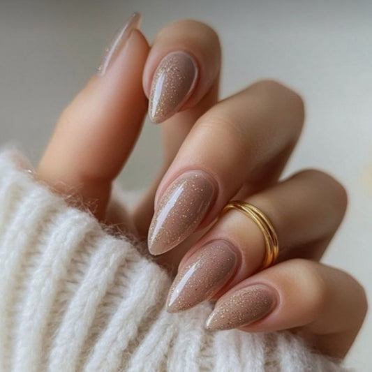 Glamorous Elegance Long Almond Beige Press-On Nails with Sparkling Glitter Finish