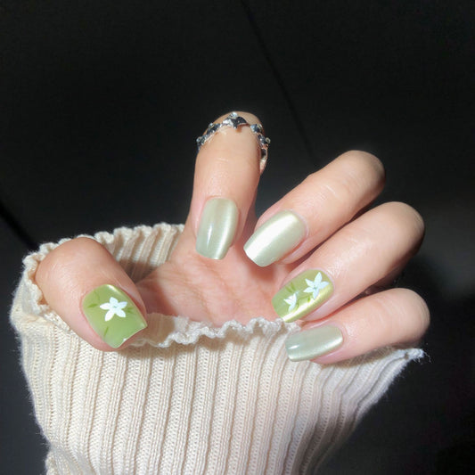Spring Blossom Medium Length Square Press On Nail Set in Olive Green with Shimmer Accent and Floral Embellishments
