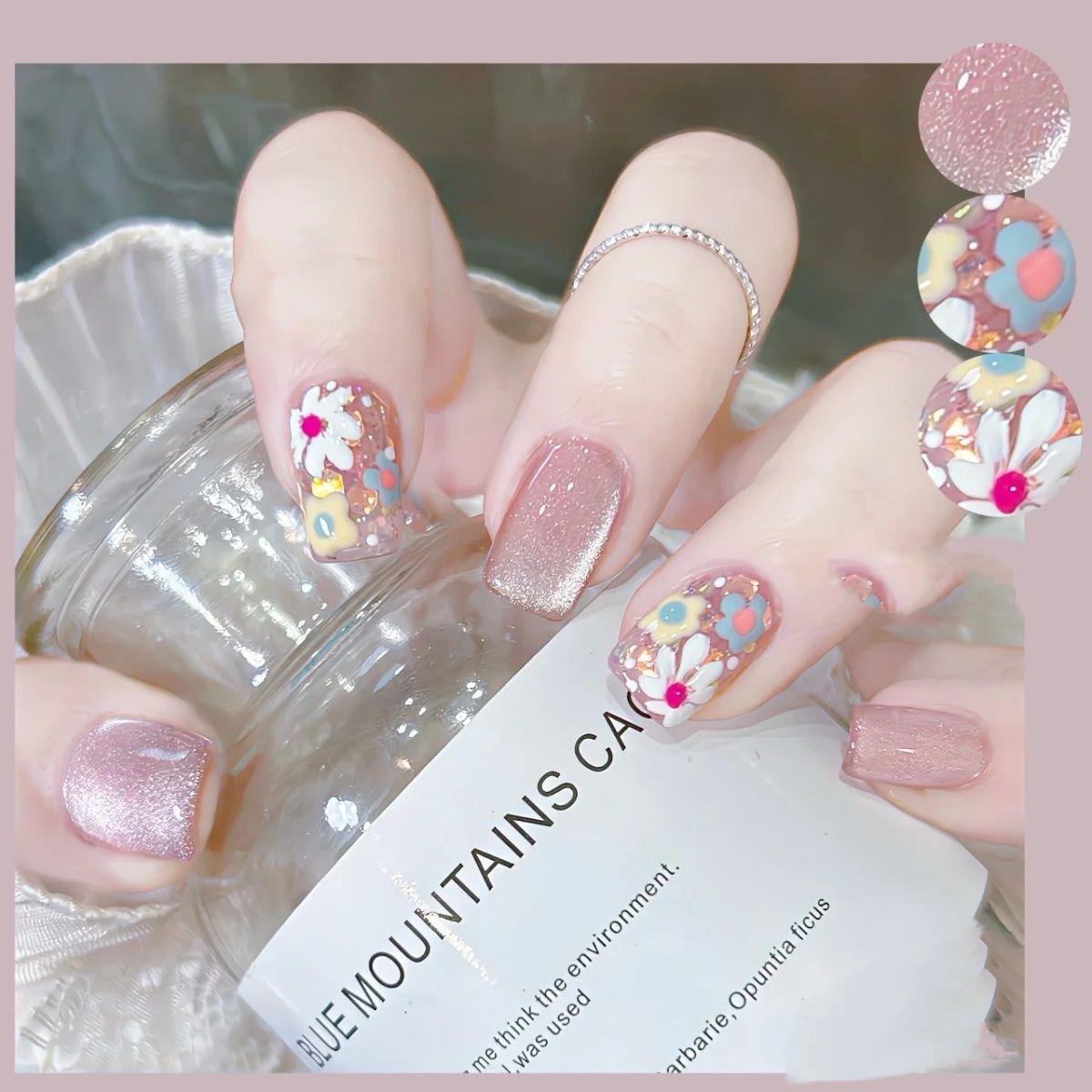 Enchanted Garden Medium-Length Square Pink Glitter Floral Accent Press On Nail Set