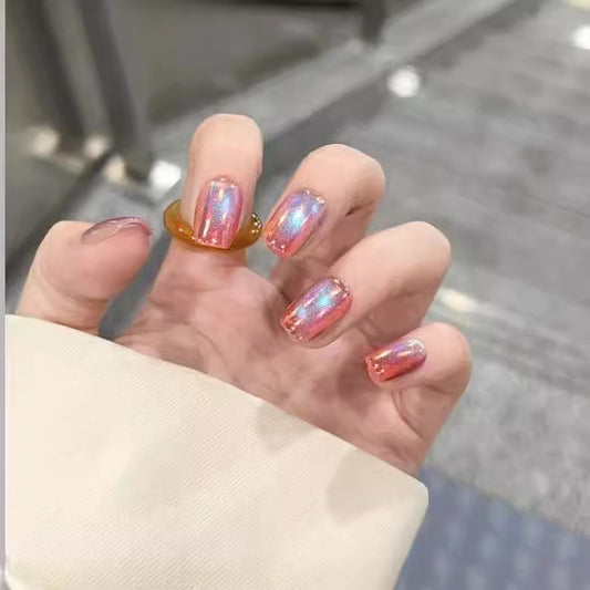 Celestial Dreams Medium Square Shimmering Pink Press On Nail Set with Iridescent Finish